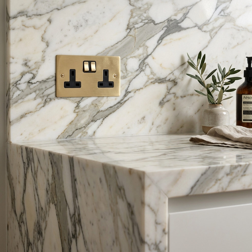Figure 6.1: High-end kitchen slab splashback featuring integrated brushed brass dual electrical outlets flush-mounted to Calacatta marble.