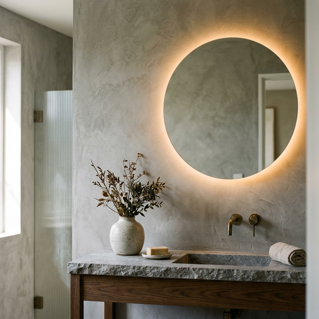 Figure 8.1: A minimalist vanity area featuring warm backlit round mirror, grey microcement walls, raw stone sink, and gold hardware.