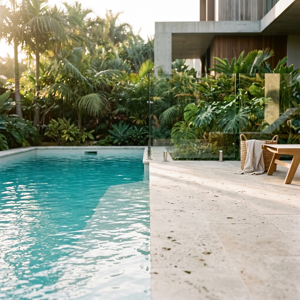 Figure 7.1: A stunning travertine pool coping with drop-face mitered edge, frameless glass pool fence, and subtropical foliage.