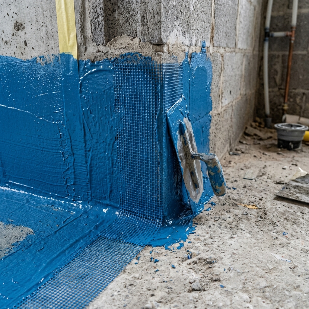 Figure 4.1: Close-up of professional Class III liquid membrane application over joint reinforcement mesh at a bathroom wall-to-floor junction.